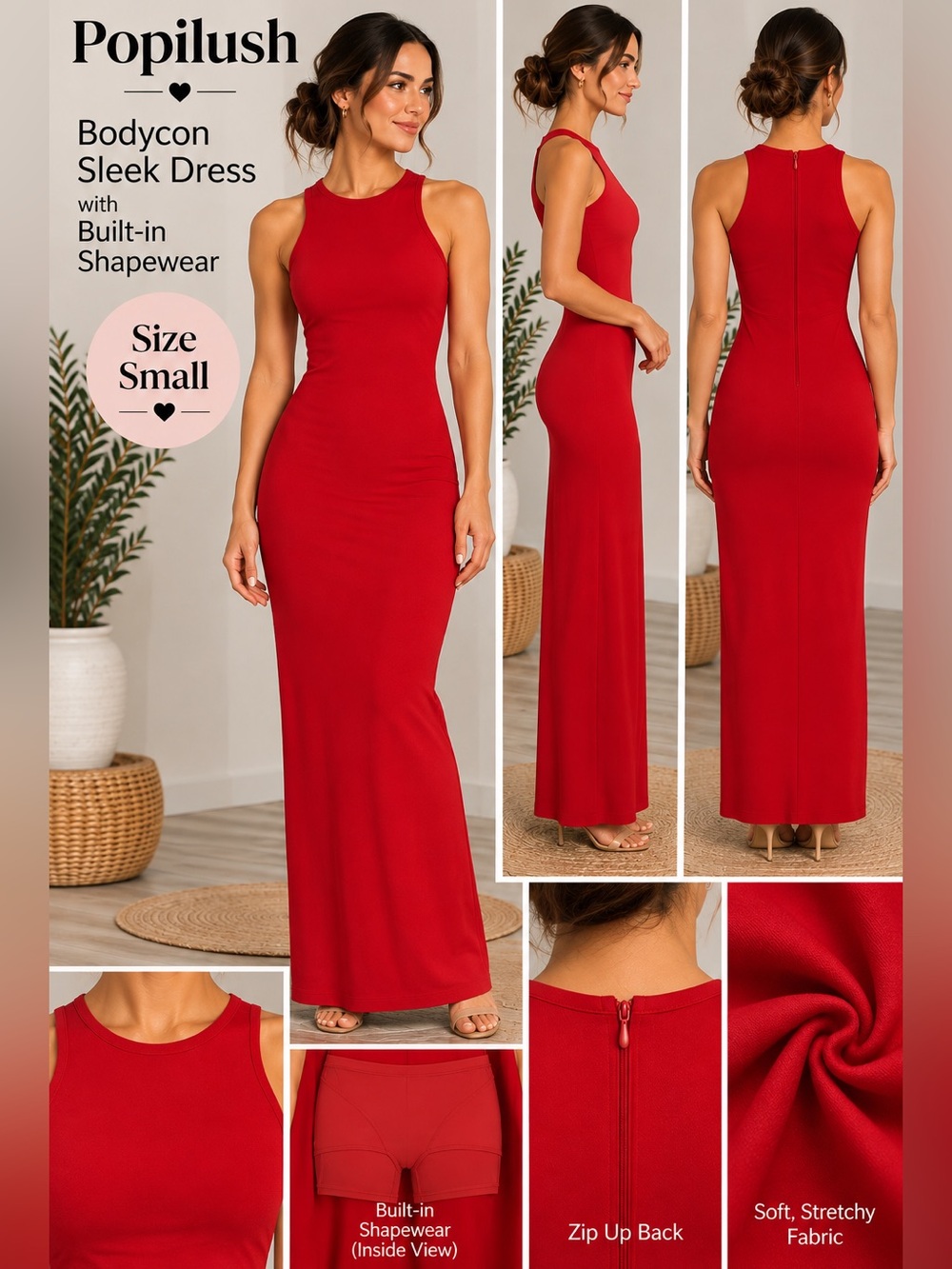 Popilush Bodycon Sleek Red Sleeveless Dress w/Shape wear! NWT